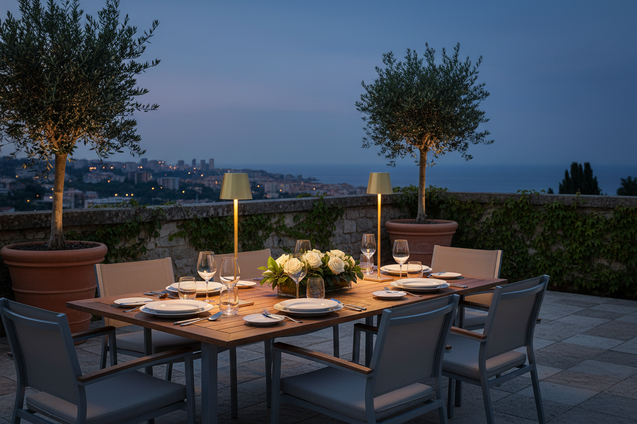 Gold cordless table lamp extended tall on outdoor terrace dining table at dusk