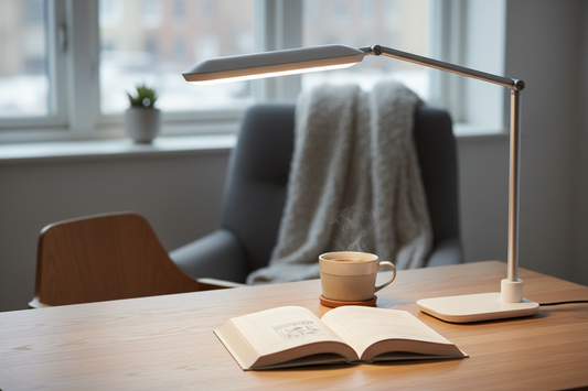 Sleek foldable LED desk lamp glowing warm white on minimalist wooden desk with book and coffee