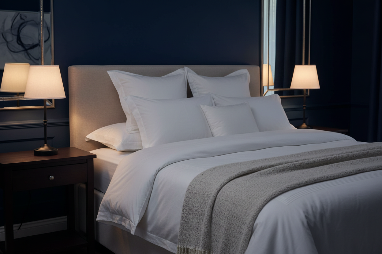 Pair of black cordless table lamps on dark wood nightstands in moody luxury bedroom