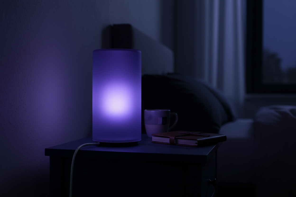 RGB E27 LED bulb glowing purple-blue in bedside lamp in moody navy bedroom