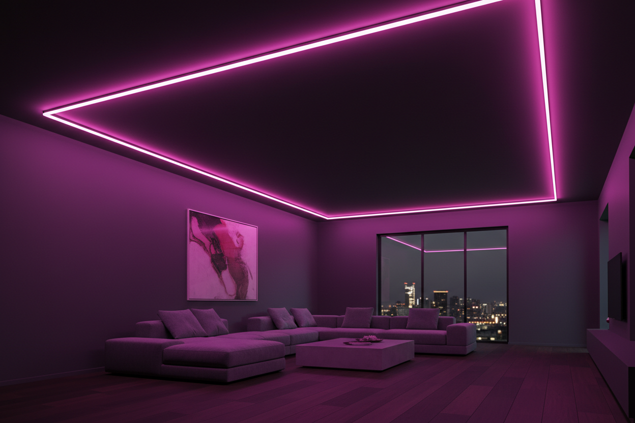 RGB LED strip lights glowing pink and purple along ceiling perimeter of modern dark living room