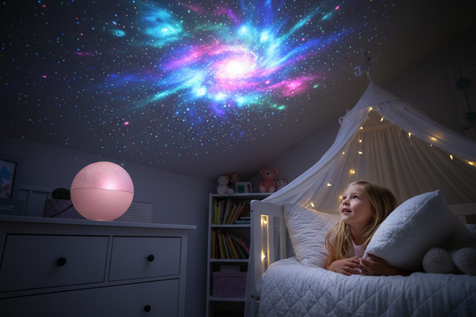 Round pink dome 360° galaxy projector projecting colourful stars and nebula across dark ceiling of girl's bedroom