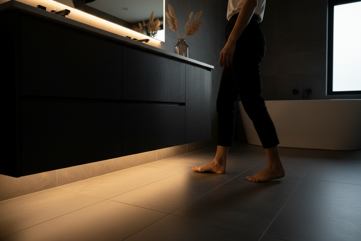 Motion sensor LED strip light glowing warm white under bathroom vanity cabinet illuminating floor at night