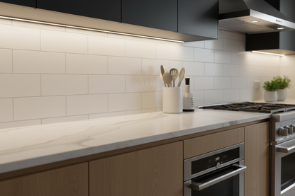 Ultra-thin COB LED strip light glowing warm white under kitchen cabinets illuminating marble countertop