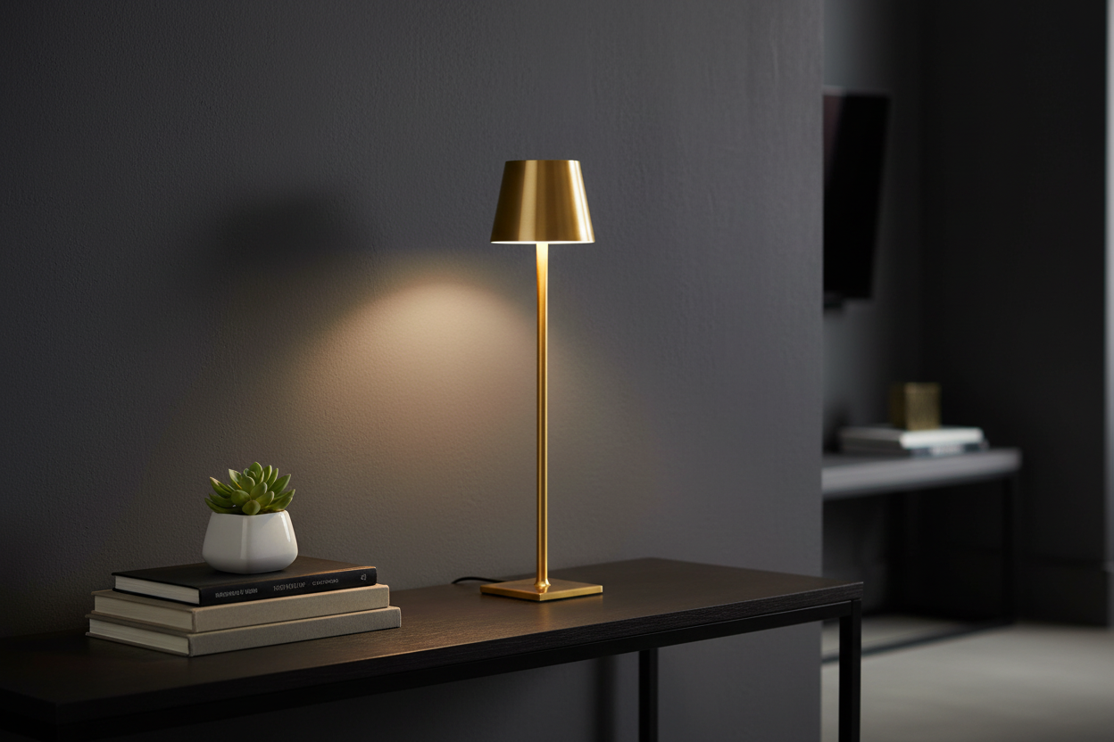 Single gold cordless table lamp on dark wood console table in modern living room