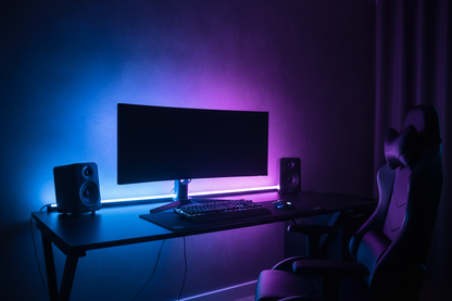 RGB LED strip lights glowing blue and purple behind gaming desk setup illuminating wall