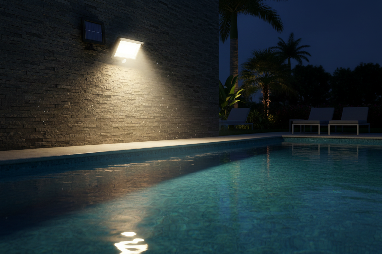 Solar Wall Light illuminating pool area at night
