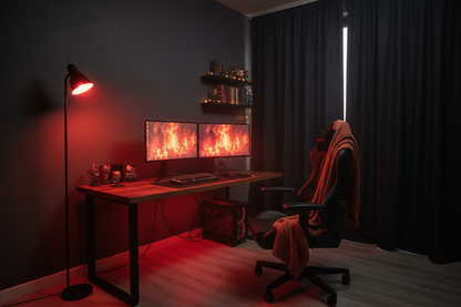 RGB E27 LED bulb glowing red in floor lamp in dark gaming setup room