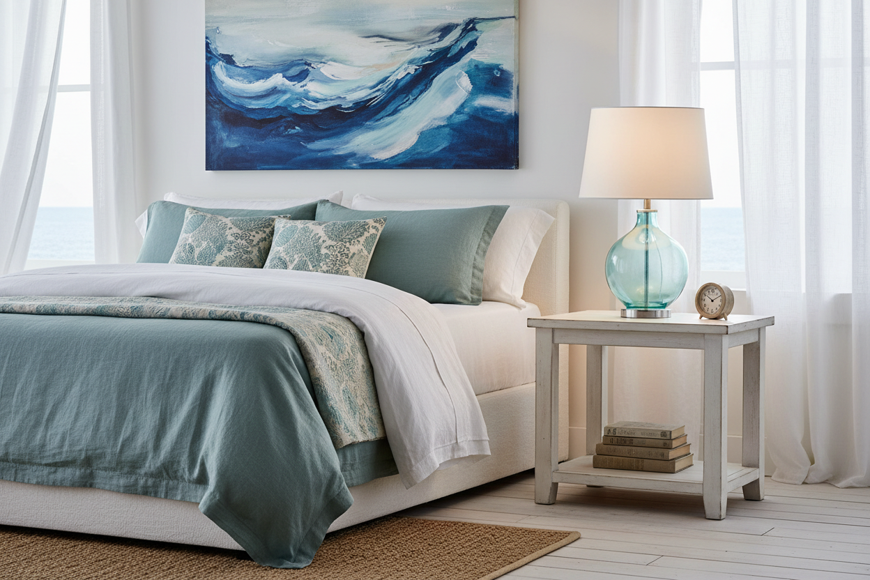 Single coastal nautical table lamp on bedside table in serene coastal bedroom with teal bedding
