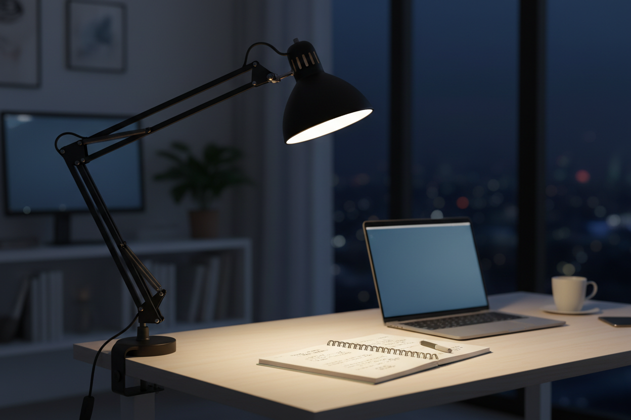 Black swing arm clamp LED desk lamp glowing bright warm white over notebook and laptop in home office