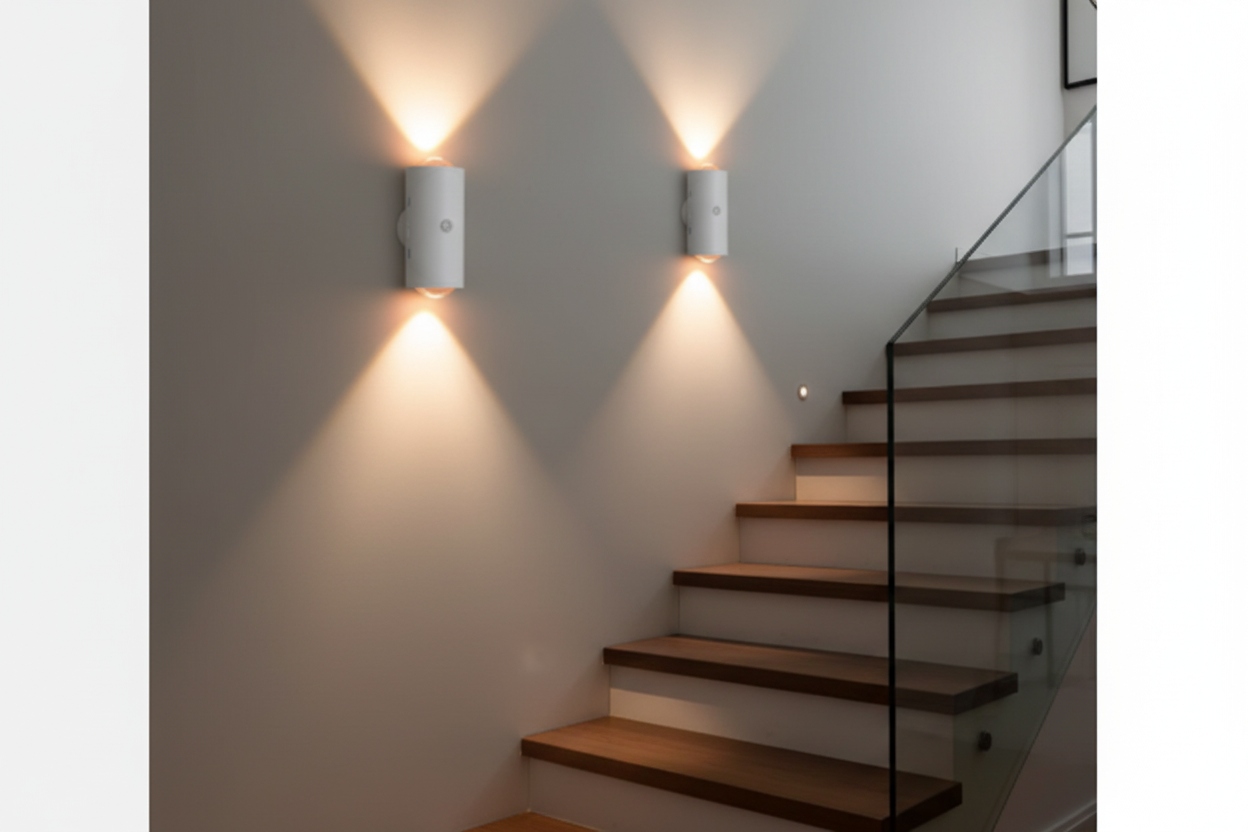 Pair of white cylindrical motion night lights mounted on staircase wall illuminating steps at night