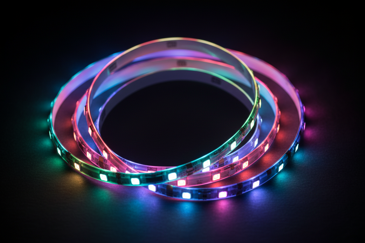 Close-up of RGB LED strip lights coiled and glowing vivid multicolour on dark surface