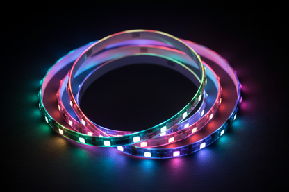 Close-up of RGB LED strip lights coiled and glowing vivid multicolour on dark surface