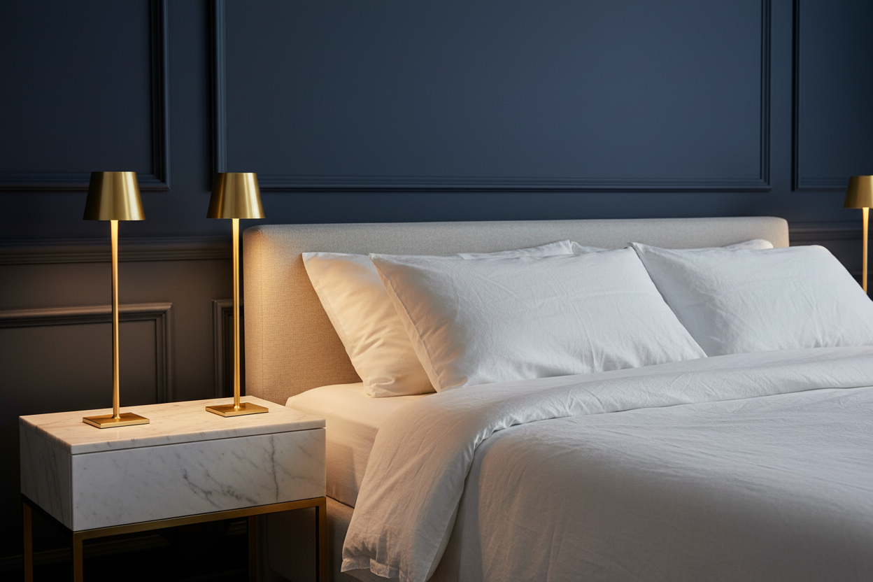 Pair of gold cordless table lamps on marble nightstands in luxury navy bedroom