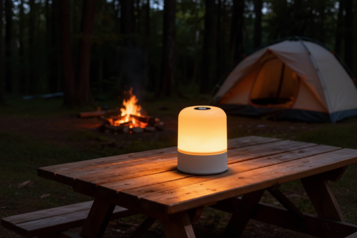 Small round white portable rechargeable table lamp glowing warm amber on wooden picnic table outdoors at night with dark forest background