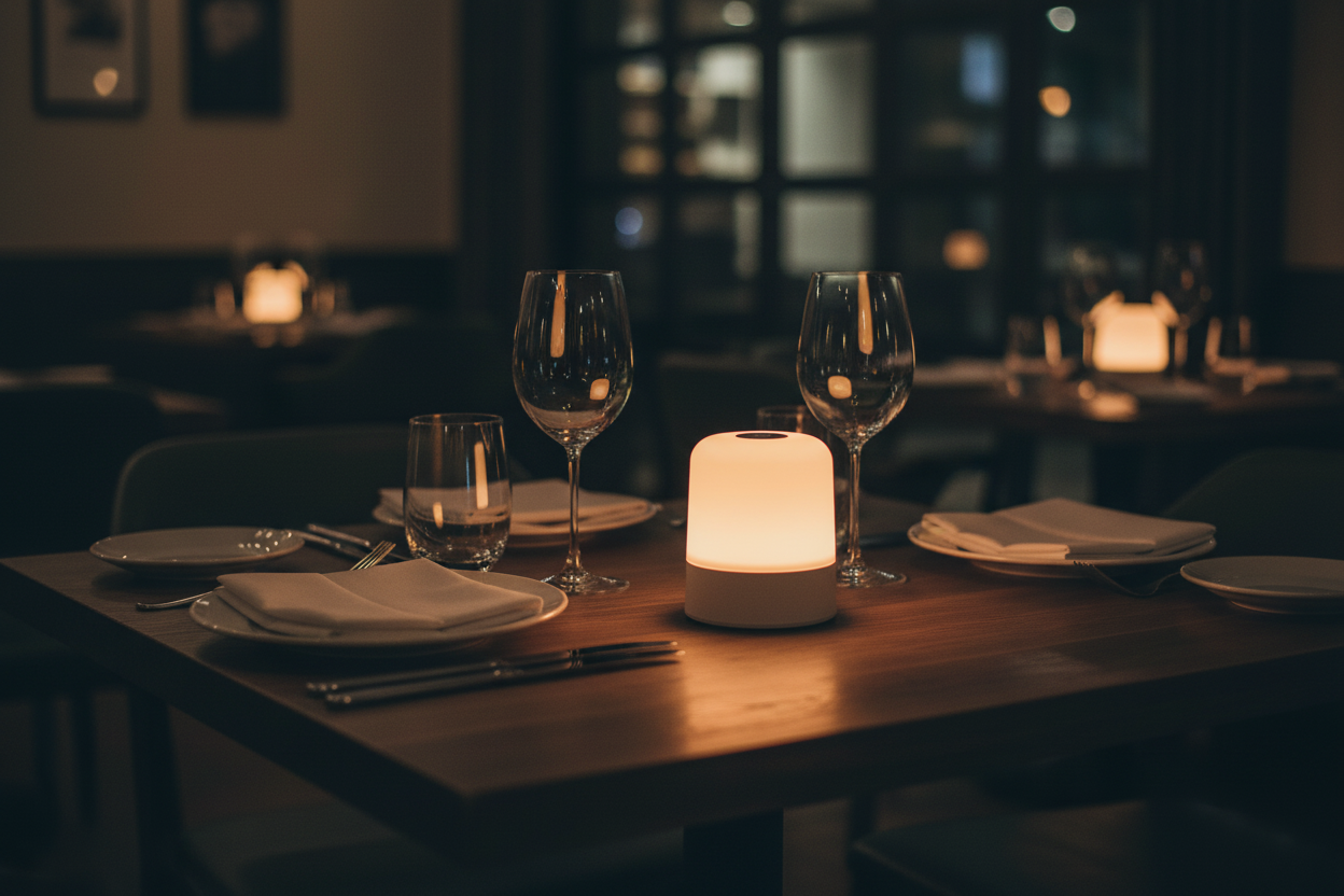Small round white portable rechargeable table lamp glowing warm amber on restaurant dining table set for two in dark moody atmosphere