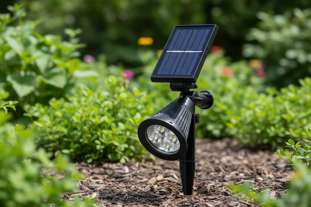 Close-up of single black solar spotlight staked in garden with blurred green background