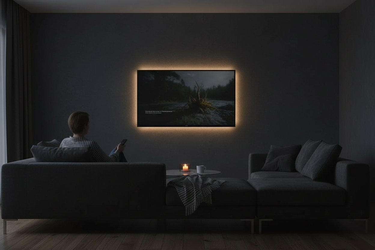 LED strip light with motion sensor as TV bias lighting in dark living room