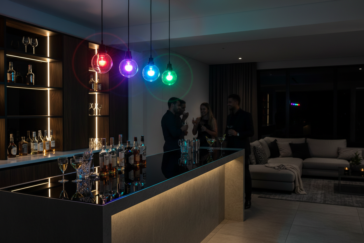 Multiple RGB E27 LED bulbs glowing in vivid colours in pendant lights above modern home bar