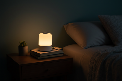 Small round white portable rechargeable table lamp glowing warm amber on bedside table in dark cosy bedroom with books and plant