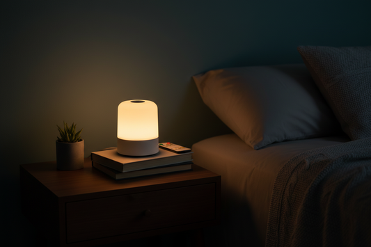 Small round white portable rechargeable table lamp glowing warm amber on bedside table in dark cosy bedroom with books and plant
