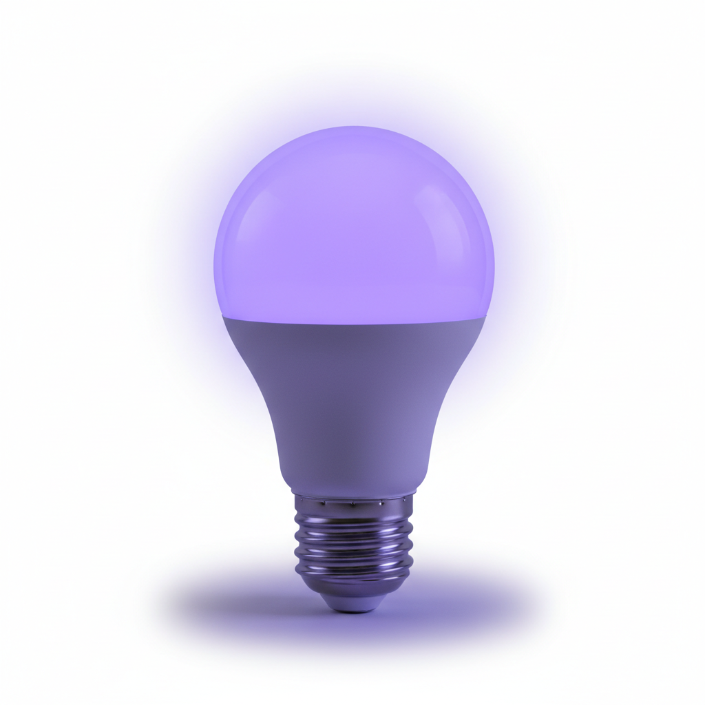 Single RGB E27 LED bulb glowing purple-blue on white background - 1pc