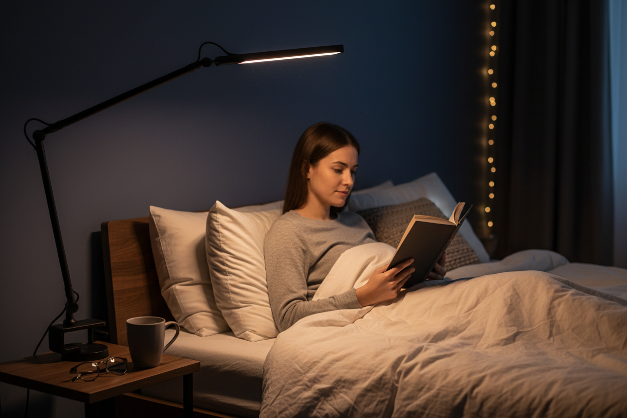 Black swing arm clamp LED desk lamp glowing warm white over person reading in bed at night